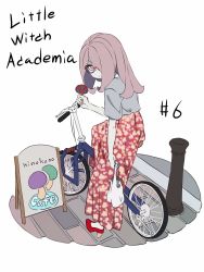 Rule 34 | 10s, 1girl, alternate costume, bag, bespectacled, bicycle, casual, cruiser bicycle, glasses, hair over one eye, high heels, highres, little witch academia, long skirt, looking back, mushroom, saitou kengo, shopping bag, sign, skirt, solo, sucy manbavaran