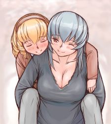 Rule 34 | 00s, 2girls, blonde hair, breasts, carrying, casual, cleavage, closed eyes, hairband, hinaichigo, large breasts, lowres, multiple girls, aged up, rozen maiden, silver hair, sleeping, smile, suigintou, tsuda nanafushi, wink