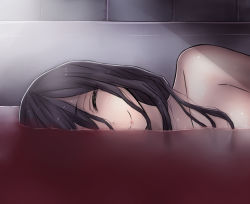 Rule 34 | 1girl, ^ ^, bare shoulders, bath, bathing, black hair, blush, closed eyes, closed mouth, collarbone, female focus, hair between eyes, highres, indoors, light, liquid, long hair, lying, md5 mismatch, neit ni sei, on side, original, partially submerged, resized, resolution mismatch, smile, solo, source smaller, tile wall, tiles, topless, topless frame, upper body, upscaled, wall