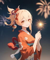 Rule 34 | 1girl, absurdres, aerldor, asymmetrical sidelocks, blonde hair, blue obi, breasts, clenched hands, clenched teeth, earrings, eyelashes, female focus, fireworks, floral print, genshin impact, hair ornament, hands up, happy, highres, holding, holding fireworks, japanese clothes, jewelry, kimono, long hair, long sleeves, looking at viewer, medium breasts, mihoyo, night, night sky, obi, orange eyes, orange yukata, outdoors, own hands together, parted bangs, parted lips, print yukata, sash, short ponytail, sidelocks, sky, smile, standing, summer, summer festival, teeth, traditional clothes, upper body, wide sleeves, yoimiya (genshin impact), yukata