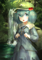 Rule 34 | 1girl, :o, absurdres, backpack, bag, blue hair, blue shirt, blue skirt, blush, breasts, cowboy shot, day, ekaapetto, flat cap, forest, frilled shirt collar, frills, green hat, hair between eyes, hair bobbles, hair ornament, hat, highres, holding strap, kawashiro nitori, key, long sleeves, nature, outdoors, pocket, shirt, short hair, skirt, small breasts, solo, standing, strap, touhou, twintails, two side up, untucked shirt, water, waterfall