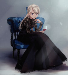Rule 34 | 1girl, alcohol, black dress, blonde hair, blue bow, bow, breasts, chair, cleavage, cup, dress, drinking glass, dyuba000, full body, grey background, highres, indoors, long hair, long sleeves, looking at viewer, original, purple eyes, sitting, small breasts, wine, wine glass