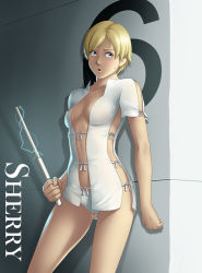 Rule 34 | 1girl, against wall, baton, baton (weapon), blonde hair, blue eyes, breasts, center opening, character name, covered erect nipples, electricity, electro shock prod, electroshock weapon, energy, expandable baton, glowing, hospital gown, less-than-lethal weapon, navel, panties, resident evil, resident evil 2, resident evil 6, revealing clothes, sherry birkin, short hair, solo, stun baton, stun rod, sweatdrop, thor (deep rising), underwear, weapon, white panties