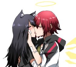 Rule 34 | 2girls, animal ear fluff, animal ears, arknights, bandaid, bandaid on arm, bandaid on face, black hair, blush, closed eyes, commentary request, detached wings, energy wings, exusiai (arknights), french kiss, from side, halo, highres, hood, hood down, hug, jacket, kiss, long hair, multiple girls, open clothes, open jacket, open mouth, raiden ektk, red hair, short hair, short sleeves, simple background, texas (arknights), tongue, tongue out, upper body, white background, white jacket, wings, wolf ears, yuri