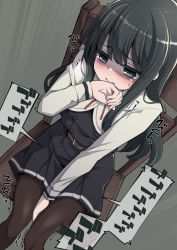 Rule 34 | 10s, 1girl, asashio (kancolle), belt, between legs, black eyes, black hair, blush, brown pantyhose, chair, commentary request, covering crotch, covering own mouth, covering privates, dress, from above, hanauna, hand between legs, hand to own mouth, highres, kantai collection, knees together feet apart, long hair, long sleeves, neck ribbon, nose blush, pantyhose, pinafore dress, ribbon, school uniform, shaded face, sitting, sleeveless, sleeveless dress, solo, sweat, trembling