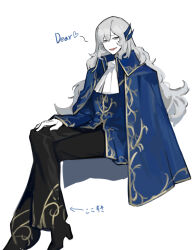 Rule 34 | 1boy, argalia (project moon), black footwear, black pants, blue cape, blue jacket, cape, collared jacket, gold trim, jacket, library of ruina, long hair, long sleeves, looking at viewer, male focus, nishikujic, pants, parted lips, project moon, shoes, simple background, sitting, smile, solo, very long hair, white background, white hair