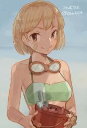 Rule 34 | 10s, 1girl, 2015, animal, bandaid, bandaid on face, beach, bikini, blue eyes, blue sky, breasts, bucket, cleavage, collarbone, crab, dated, day, goggles, goggles around neck, gradient background, green bikini, holding, kantai collection, light brown hair, oboro (kancolle), outdoors, short hair, shovel, sky, small breasts, smile, solo, swimsuit, toro (konirio), twitter username, upper body, worktool