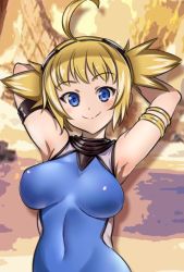 Rule 34 | 10s, 1girl, ahoge, armlet, armpits, arms behind head, blonde hair, blue eyes, blush, breasts, covered navel, goggles, goggles on head, granblue fantasy, looking at viewer, pengie, short hair, short twintails, smile, solo, twintails, upper body, yasui riosuke