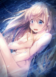 Rule 34 | 1girl, blonde hair, blue eyes, blush, breasts, commentary request, completely nude, convenient censoring, embarrassed, gc3, goblin slayer!, hair between eyes, highres, knee up, long hair, lying, nude, on back, open mouth, priestess (goblin slayer!), small breasts, soap bubbles, soap censor, solo, very long hair, water