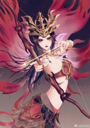 Rule 34 | 1girl, absurdres, aiming, arrow (projectile), black hair, cai lin (doupo cangqiong), closed mouth, doupo cangqiong, from side, hair ornament, highres, jewelry, lan zhi qiqi, long hair, pointy ears, red skirt, red tube top, skirt, solo, strapless, third-party source, tube top, upper body, wings