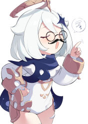 Rule 34 | 1girl, :d, absurdres, black cape, blush, cape, closed eyes, commentary request, cowboy shot, fake facial hair, fake mustache, genshin impact, glasses, gold trim, hair between eyes, hair ornament, halo, hand on own hip, hand up, highres, index finger raised, long sleeves, medium hair, open mouth, paimon (genshin impact), round eyewear, shao (shaorouhong), sidelocks, simple background, smile, solo, speech bubble, star (symbol), star hair ornament, u u, white background, white hair, wide sleeves