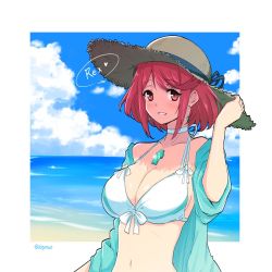Rule 34 | 1girl, bikini, blush, breasts, cleavage, gem, hat, headpiece, jacket, jewelry, large breasts, looking at viewer, matching hair/eyes, mochimochi (xseynao), navel, nintendo, ocean, pyra (xenoblade), red eyes, red hair, short hair, smile, solo, swept bangs, swimsuit, tiara, water, xenoblade chronicles (series), xenoblade chronicles 2