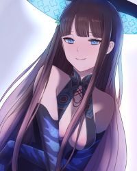 Rule 34 | 1girl, bad id, bad pixiv id, bare shoulders, black dress, black gloves, black headwear, blue eyes, blunt bangs, blush, breasts, brown hair, center opening, dress, elbow gloves, fate/grand order, fate (series), gloves, long hair, looking at viewer, medium breasts, seki (sekixview), smile, solo, very long hair, yang guifei (fate), yang guifei (third ascension) (fate)