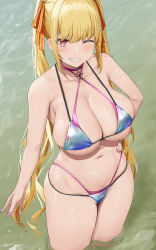 Rule 34 | 1girl, bikini, blonde hair, blush, breasts, cameltoe, cleavage, clenched teeth, collarbone, from above, hair ornament, hair ribbon, hand on own hip, highres, large breasts, long hair, looking at viewer, looking up, nail polish, navel, oekakizuki, one eye closed, orange ribbon, original, outdoors, parted lips, partially submerged, pink nails, red eyes, ribbon, sideboob, silver bikini, smile, solo, swimsuit, teeth, thighs, twintails, underboob, water