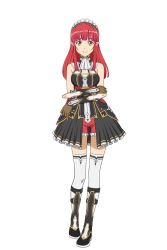 Rule 34 | 10s, 1girl, brown eyes, brown gloves, crossed arms, dress, frilled shorts, frills, full body, gloves, headdress, highres, hime cut, long hair, looking at viewer, official art, pointy ears, rain (sao), red hair, red shorts, shorts, sleeveless, sleeveless dress, smile, solo, standing, sword art online, thighhighs, white background