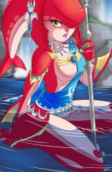 Rule 34 | 1girl, absurdres, belly chain, brown eyes, colored skin, fins, fish girl, hair ornament, highres, jewelry, long hair, looking at viewer, mipha, monster girl, multicolored skin, nintendo, no nipples, one breast out, red skin, single bare shoulder, sitting, smile, solo, the legend of zelda, the legend of zelda: breath of the wild, two-tone skin, unicornlord, water, yellow eyes, zora
