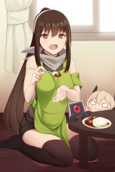 Rule 34 | 2girls, absurdres, act (xadachit), apron, armband, black legwear, brown eyes, brown hair, curry, curry rice, dinergate (girls&#039; frontline), food, girls&#039; frontline, green hair, highres, holding, holding spoon, indoors, jewelry, light brown hair, long hair, looking at viewer, m4 sopmod ii jr, m4a1 (girls&#039; frontline), multicolored hair, multiple girls, open mouth, ponytail, rice, ring, sitting, spoon, streaked hair, thighhighs, very long hair, wedding ring