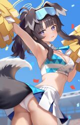 Rule 34 | 1girl, absurdres, ahoge, animal ears, armpits, black hair, blue archive, blush, breasts, cheering, cheerleader, cleavage, commentary request, cowboy shot, day, detached collar, dog ears, dog tail, extra ears, fanteam, halterneck, hibiki (blue archive), hibiki (cheer squad) (blue archive), highres, holding, holding pom poms, long hair, looking at viewer, medium breasts, millennium cheerleader outfit (blue archive), official alternate costume, open mouth, outdoors, panties, partial commentary, pom pom (cheerleading), pom poms, purple eyes, safety glasses, skirt, solo, tail, underwear, white panties, white skirt