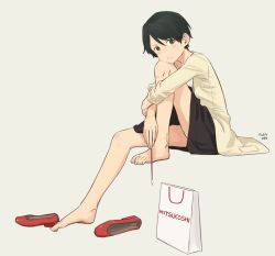 Rule 34 | 10s, 1girl, :/, artist name, bag, barefoot, black eyes, black hair, black skirt, blush, casual, closed mouth, collarbone, dated, feet, from side, full body, grey background, hair between eyes, high heels, holding, holding jewelry, holding necklace, hugging own legs, jewelry, kantai collection, kawashina (momen silicon), looking at viewer, mitsukoshi (department store), mogami (kancolle), necklace, red footwear, shoes, unworn shoes, shopping bag, short hair, simple background, sitting, skirt, solo, swept bangs, toes