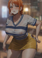 Rule 34 | 1girl, artist name, blue shirt, blurry, blurry background, breasts, covered erect nipples, english text, highres, indoors, large breasts, leaning forward, looking at viewer, nami (one piece), one piece, open mouth, orange eyes, orange hair, see-through, see-through shirt, shexyo, shirt, short hair, short sleeves, skirt, solo, sweat, teeth, two-tone shirt, upper teeth only, very sweaty, wet, wet clothes, wet shirt, white shirt, yellow skirt