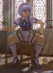 Rule 34 | 1girl, alternate weapon, antique phone, apron, between fingers, bow, braid, breast rest, breasts, chair, corded phone, fingernails, grey eyes, hair bow, hand on own thigh, high heels, holding, indoors, izayoi sakuya, kneehighs, knife, legband, looking away, maid headdress, md5 mismatch, medium breasts, open mouth, phone, pocket watch, ponkotu-px, puffy short sleeves, puffy sleeves, resolution mismatch, ribbon, rotary phone, shadow, short hair, short sleeves, silver hair, sitting, sitting backwards, skirt, skirt set, socks, solo, source smaller, sword, thigh strap, touhou, twin braids, waist apron, watch, weapon, window