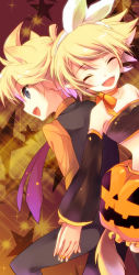 Rule 34 | 1boy, 1girl, bare shoulders, blonde hair, blush, brother and sister, detached sleeves, closed eyes, jack-o&#039;-lantern, kagamine len, kagamine rin, open mouth, ponjiritsu, short hair, siblings, smile, star (symbol), vocaloid