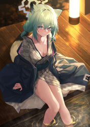 Rule 34 | 1girl, absurdres, animal ears, bath yukata, blue archive, blush, breasts, closed mouth, feet out of frame, green hair, hair between eyes, halo, highres, japanese clothes, kimono, kuroja, long sleeves, looking at viewer, medium breasts, obi, official alternate costume, onsen, purple eyes, sash, shigure (blue archive), shigure (hot spring) (blue archive), sitting, smile, solo, tail, water, weasel ears, weasel tail, wide sleeves, yukata