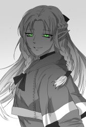 Rule 34 | 1girl, absurdres, braid, capelet, choker, dungeon meshi, elf, french braid, from side, glowing, glowing eyes, gradient background, green eyes, grey 99123, highres, hood, hood down, hooded capelet, korean commentary, long hair, long sleeves, looking at viewer, looking to the side, marcille donato, monochrome, multiple braids, parted bangs, pointy ears, side braid, smile, smirk, solo, spot color, upper body