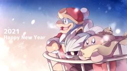 Rule 34 | 2021, armor, baku (baku325), beak, blue eyes, blush, blush stickers, coat, commentary request, dated, eyes in shadow, full body, fur-trimmed coat, fur trim, gloves, happy new year, hat, highres, king dedede, kirby, kirby (series), lens flare, long sleeves, mask, meta knight, mixed-language commentary, new year, nintendo, no humans, open mouth, pom pom (clothes), red coat, red footwear, red headwear, scarf, shoes, shoulder armor, signature, smile, standing, yellow eyes, yellow gloves, yellow scarf