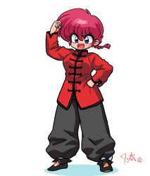 1girl blue_eyes braid chinese_clothes full_body genderswap genderswap_(mtf) hand_on_own_hip open_mouth ranma-chan ranma_1/2 red_hair saotome_ranma single_braid solo tangzhuang variant_set wanta_(futoshi)