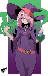 Rule 34 | 1girl, bigdead, hat, highres, little witch academia, pink eyes, pink hair, potion, sharp teeth, smile, solo, sucy manbavaran, teeth, witch, witch hat