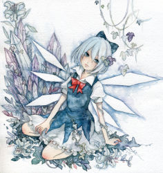 Rule 34 | 1girl, bad id, bad pixiv id, cirno, expressionless, flower, ice, lily (flower), looking at viewer, pinkxxxna, plant, sitting, solo, touhou, traditional media, vines