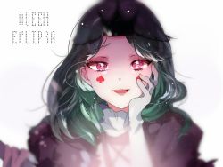 Rule 34 | 1girl, :d, bad id, bad pixiv id, character name, eclipsa butterfly, facial mark, gloves, green hair, hand on own cheek, hand on own face, looking at viewer, medium hair, open mouth, purple eyes, smile, solo, spade (shape), star vs the forces of evil, ye yingmu yin