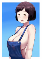Rule 34 | 1girl, atgsanz (wttoo0000), blue overalls, border, breasts, brown eyes, brown hair, highres, large breasts, looking at viewer, mole, mole under mouth, naked overalls, original, overalls, short hair, sideboob, solo, white border