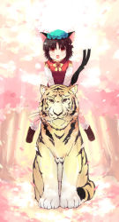 Rule 34 | 1girl, animal ears, brown hair, cat ears, cat girl, cat tail, chen, earrings, female focus, forest, full body, hat, jewelry, multiple tails, nature, orange eyes, outdoors, riding, shin (new), short hair, solo, tail, tiger, touhou