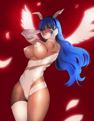 Rule 34 | 1girl, a-line, absurdres, animal ears, asymmetric gloves, asymmetrical gloves, asymmetrical legwear, bad id, bad pixiv id, bare shoulders, blue eyes, blue hair, blush, breasts, covered erect nipples, covering own ears, cowboy shot, dark-skinned female, dark skin, eyebrows, fake animal ears, fishnet pantyhose, fishnets, food, gloves, hair between eyes, hairband, hands in hair, hands on own head, hands up, highres, large breasts, leotard, long hair, looking at viewer, matching hair/eyes, motion blur, original, pantyhose, parted lips, pastry, red background, red lips, shade, single thighhigh, solo, standing, strapless, thighhighs, thighhighs over pantyhose, torn clothes, torn leotard, uneven gloves, uneven legwear, white gloves, white thighhighs, white wings, wings