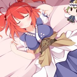Rule 34 | 1girl, bed, breasts, character doll, closed eyes, hair bobbles, hair ornament, japanese clothes, large breasts, lying, nikku (ra), on back, onozuka komachi, red hair, shiki eiki, sleeping, smile, solo, touhou, twintails, two side up