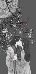 Rule 34 | 1boy, 1girl, black hair, branch, chinese clothes, commentary request, greyscale, highres, holding hands, kiss, lanxi zhen, laojun (the legend of luoxiaohei), li qingning (the legend of luoxiaohei), long hair, long sleeves, lzgthcc, monochrome, moon, profile, robe, spot color, luo xiaohei zhanji, upper body, wide sleeves