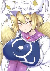 Rule 34 | 1girl, animal ears, animal hat, blonde hair, breasts, dress, fox ears, fox tail, frilled dress, frills, hat, highres, huge breasts, long sleeves, md5 mismatch, mob cap, multiple tails, norori, resolution mismatch, short hair, solo, source larger, tabard, tail, touhou, white dress, white hat, wide sleeves, yakumo ran, yellow eyes