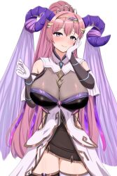 Rule 34 | 1girl, bare shoulders, blush, breasts, cleavage, cowboy shot, curled horns, detached sleeves, dress, elbow gloves, fire emblem, fire emblem heroes, gloves, goat horns, gold circlet, hand on own cheek, hand on own face, horns, large breasts, large horns, long hair, looking at viewer, mature female, nerthuz (fire emblem), nintendo, patty ojisan, pink hair, ponytail, purple eyes, purple horns, purple veil, short dress, smile, solo, thighhighs, thighs, tiara, white background