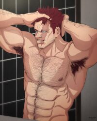 Rule 34 | 1boy, abs, armpit hair, bara, beard stubble, blue eyes, boku no hero academia, derivative work, endeavor (boku no hero academia), excessive armpit hair, facial hair, hairy, hand in own hair, highres, inkhashiras, large pectorals, male focus, mature male, muscular, muscular male, navel, navel hair, nipples, nude, pectorals, red hair, scar, scar across eye, scar on face, short hair, solo, spiked hair, standing, stomach, stubble, thick arm hair, thick chest hair, thick eyebrows, upper body, very hairy