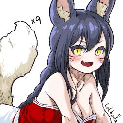 Rule 34 | 1girl, :d, ahri (league of legends), animal ears, artist name, bare arms, bare shoulders, black hair, blush, breasts, cleavage, collarbone, facial mark, fang, fox ears, fox girl, fox tail, kitsune, kyuubi, league of legends, lolboja, long hair, lowres, medium breasts, multiple tails, open mouth, simple background, smile, tail, whisker markings, white background, yellow eyes