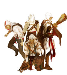 Rule 34 | 4boys, altair ibn la-ahad, assassin&#039;s creed, assassin&#039;s creed (series), assassin&#039;s creed ii, assassin&#039;s creed iii, bad id, bad pixiv id, blood, broom, cape, coat, concealed weapon, connor kenway, desmond miles, ezio auditore da firenze, gloves, hood, male focus, multiple boys, scar, smile, tomahawk, weapon