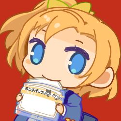 Rule 34 | 1girl, blazer, blue eyes, blue jacket, bow, bread, chibi, commentary, eating, food, hair bow, jacket, kosaka honoka, looking at viewer, love live!, love live! school idol project, lowres, mota, one side up, orange hair, packet, red background, short hair, simple background, smile, solo, translated
