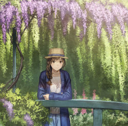 Rule 34 | 1girl, against railing, anbe yoshirou, blue jacket, blue skirt, braid, brown eyes, brown hair, closed mouth, commentary request, crossed arms, dappled sunlight, dated, day, flower, hat, jacket, light smile, lilac, long hair, long sleeves, looking at viewer, md5 mismatch, open clothes, open jacket, original, outdoors, plant, purple flower, railing, shirt, side braid, signature, skirt, solo, standing, straw hat, sunlight, tan hat, watermark, white shirt