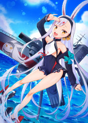 Rule 34 | 1girl, animal ears, azur lane, breasts, rabbit ears, cloud, cocoablue23, collarbone, commentary request, day, dutch angle, full body, highres, long hair, looking at viewer, ocean, open mouth, ribbon, rigging, salute, shimakaze (azur lane), silver hair, sky, small breasts, solo, torpedo tubes, water, yellow eyes
