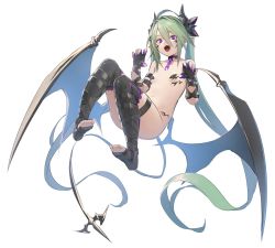 Rule 34 | 1girl, absurdly long hair, black gloves, black thighhighs, breasts, broken, broken chain, chain, claw pose, collar, deluxe&lt;&lt;&lt;, dragon girl, dragon horns, dragon tail, dragon wings, fangs, fingerless gloves, fingernails, gloves, green hair, hair between eyes, hair intakes, highres, horns, long fingernails, long hair, low wings, navel, nude, open mouth, original, pasties, pointy ears, ponytail, purple eyes, ryisu (deluxe&lt;&lt;&lt;), sharp fingernails, simple background, small breasts, solo, tail, thigh strap, thighhighs, toeless legwear, very long hair, white background, wings