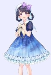 Rule 34 | 1girl, black hair, blue dress, bow, bowtie, braid, braided hair rings, commentary request, dress, fangs, frilled dress, frills, fukumaru koito, hair rings, hat, highres, idolmaster, idolmaster shiny colors, looking at viewer, open mouth, puffy short sleeves, puffy sleeves, purple eyes, sailor collar, sailor hat, short sleeves, skin fangs, solo, swept bangs, tsugaru (enoken), twin braids, white background