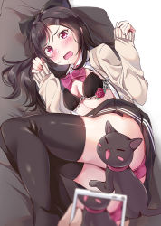 Rule 34 | 1girl, animal, bad id, bad pixiv id, black bow, black bra, black cat, black hair, black skirt, black thighhighs, blush, blush stickers, bow, bowtie, bra, cardigan, cat, cellphone, cellphone photo, clenched hands, collared shirt, convenient censoring, fang, flower, hair bow, hair ornament, hairpin, hands up, holding, holding phone, lace, lace-trimmed bra, lace trim, long hair, looking at viewer, lying, no bangs, on side, open clothes, open mouth, open shirt, original, panties, phone, pink neckwear, pink panties, pov, pov hands, shirt, skirt, sleeves past wrists, smartphone, solo focus, taking picture, tearing up, thighhighs, tipii, underwear, v-shaped eyebrows