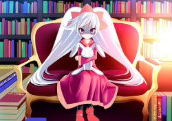 Rule 34 | 1girl, absurdres, ashley (warioware), big hair, black pantyhose, blush, book, book stack, bookshelf, closed mouth, collarbone, couch, dress, hairband, highres, indoors, lamp, long hair, long sleeves, looking at viewer, maritchi, nintendo, hugging object, orange hairband, pantyhose, purple eyes, red dress, red footwear, shaded face, shoes, sitting, solo, stuffed animal, stuffed rabbit, stuffed toy, twintails, very long hair, warioware, white hair, wide sleeves